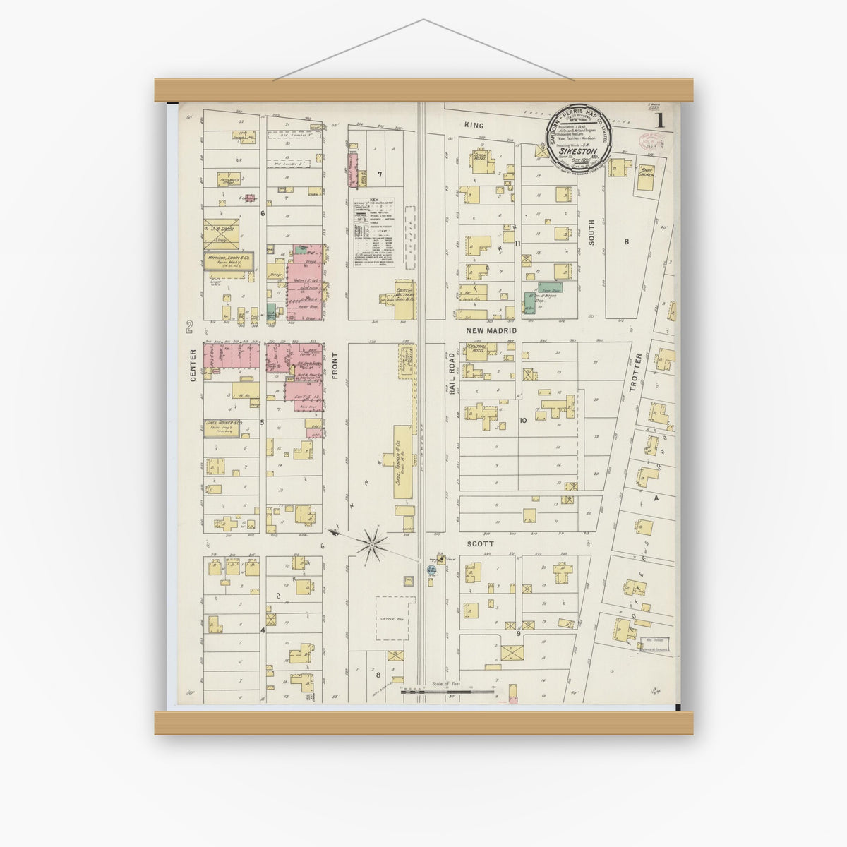 Old map wall art mockup — magnetic wood frame on white wall — Sanborn Fire Insurance Map from Sikeston, Scott County, Missouri (1895), Sheet #0001