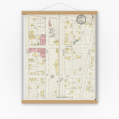 Old map wall art mockup — magnetic wood frame on white wall — Sanborn Fire Insurance Map from Sikeston, Scott County, Missouri (1895), Sheet #0001