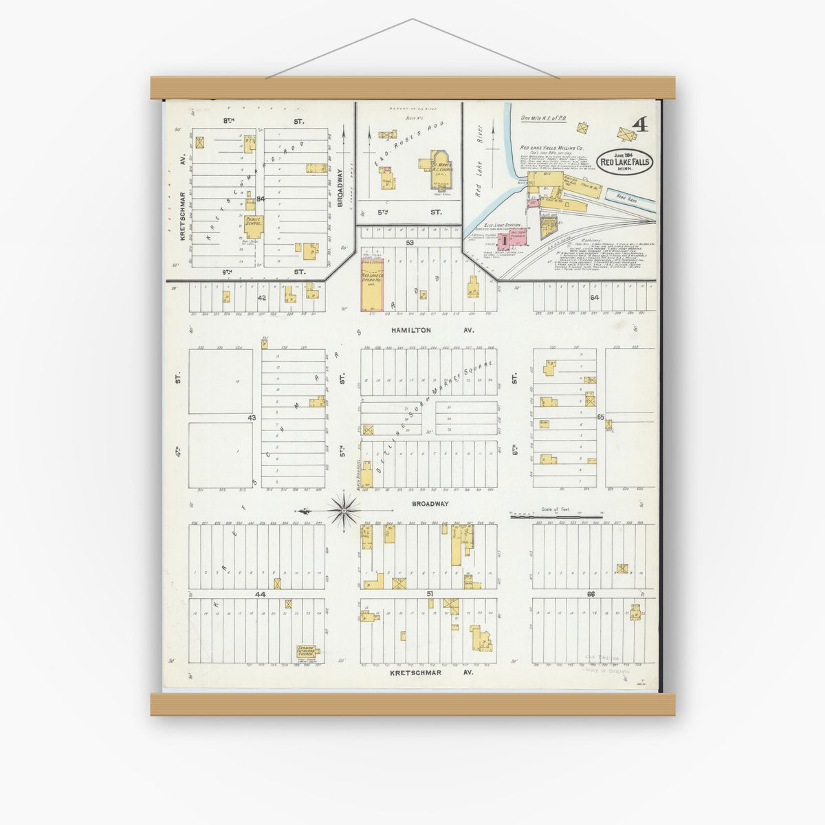 Old map wall art mockup — magnetic wood frame on white wall — Sanborn Fire Insurance Map from Red Lake Falls, Red Lake County, Minnesota (1904), Sheet #0004