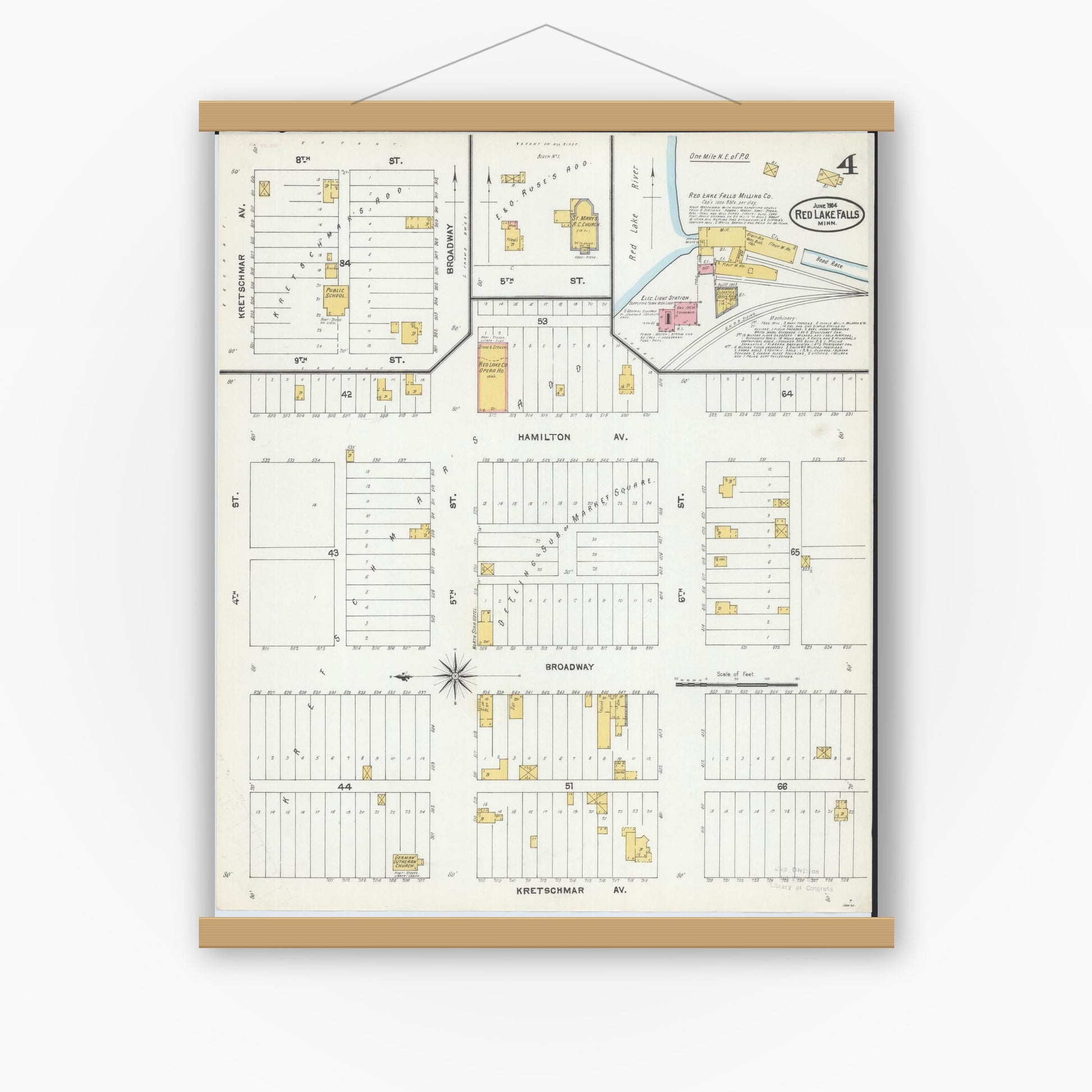 Old map wall art mockup — magnetic wood frame on white wall — Sanborn Fire Insurance Map from Red Lake Falls, Red Lake County, Minnesota (1904), Sheet #0004