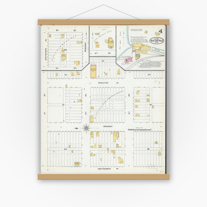 Old map wall art mockup — magnetic wood frame on white wall — Sanborn Fire Insurance Map from Red Lake Falls, Red Lake County, Minnesota (1904), Sheet #0004