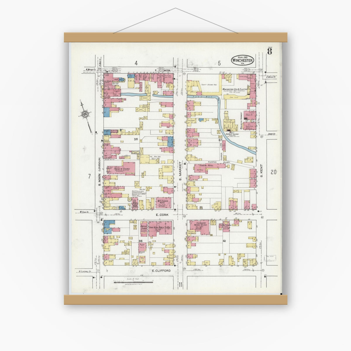 Old map wall art mockup — magnetic wood frame on white wall — Sanborn Fire Insurance Map from Winchester, Independent Cities, Virginia (1921), Sheet #0008
