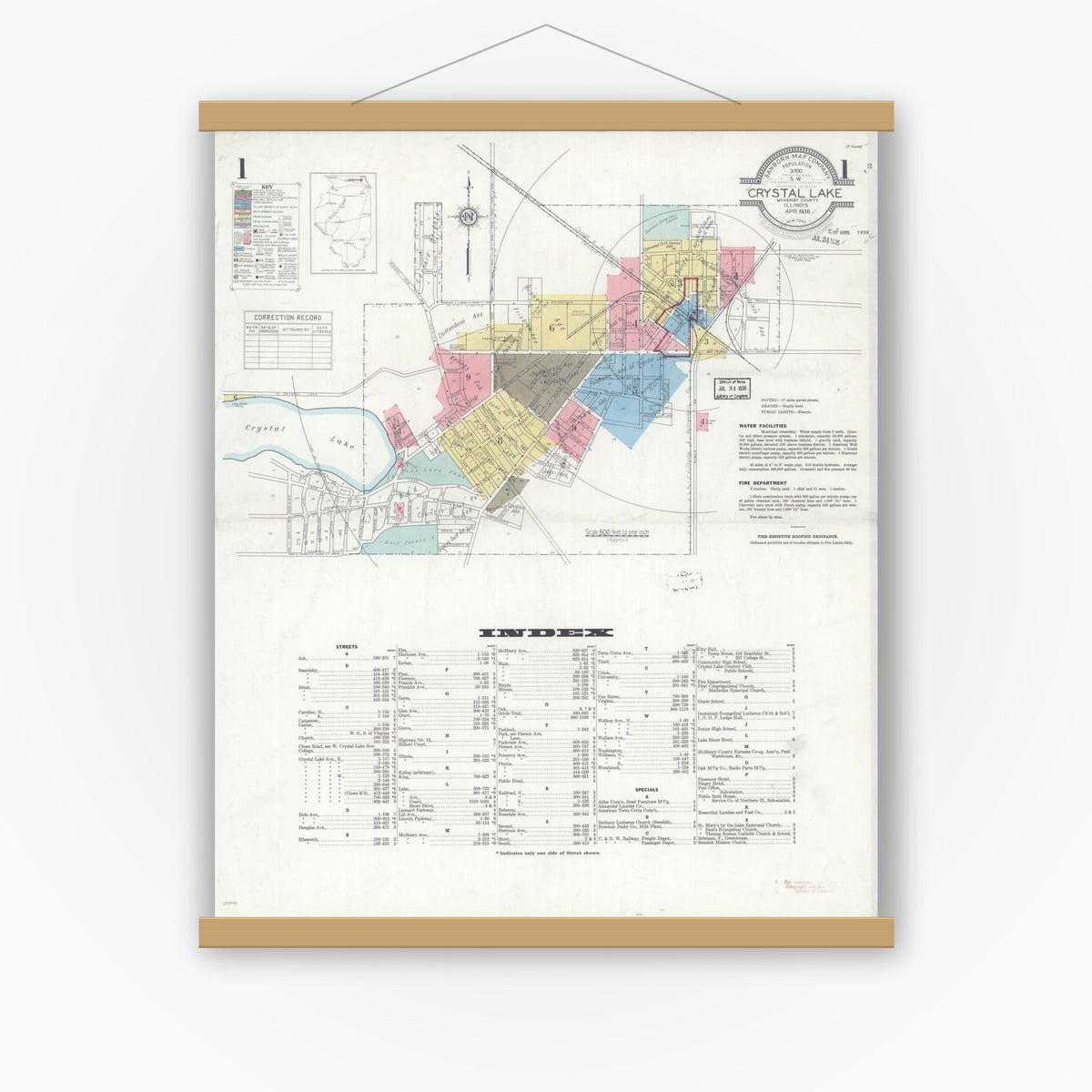 Old map wall art mockup — magnetic wood frame on white wall — Sanborn Fire Insurance Map from Crystal Lake, McHenry County, Illinois (1936) - Complete Map Set