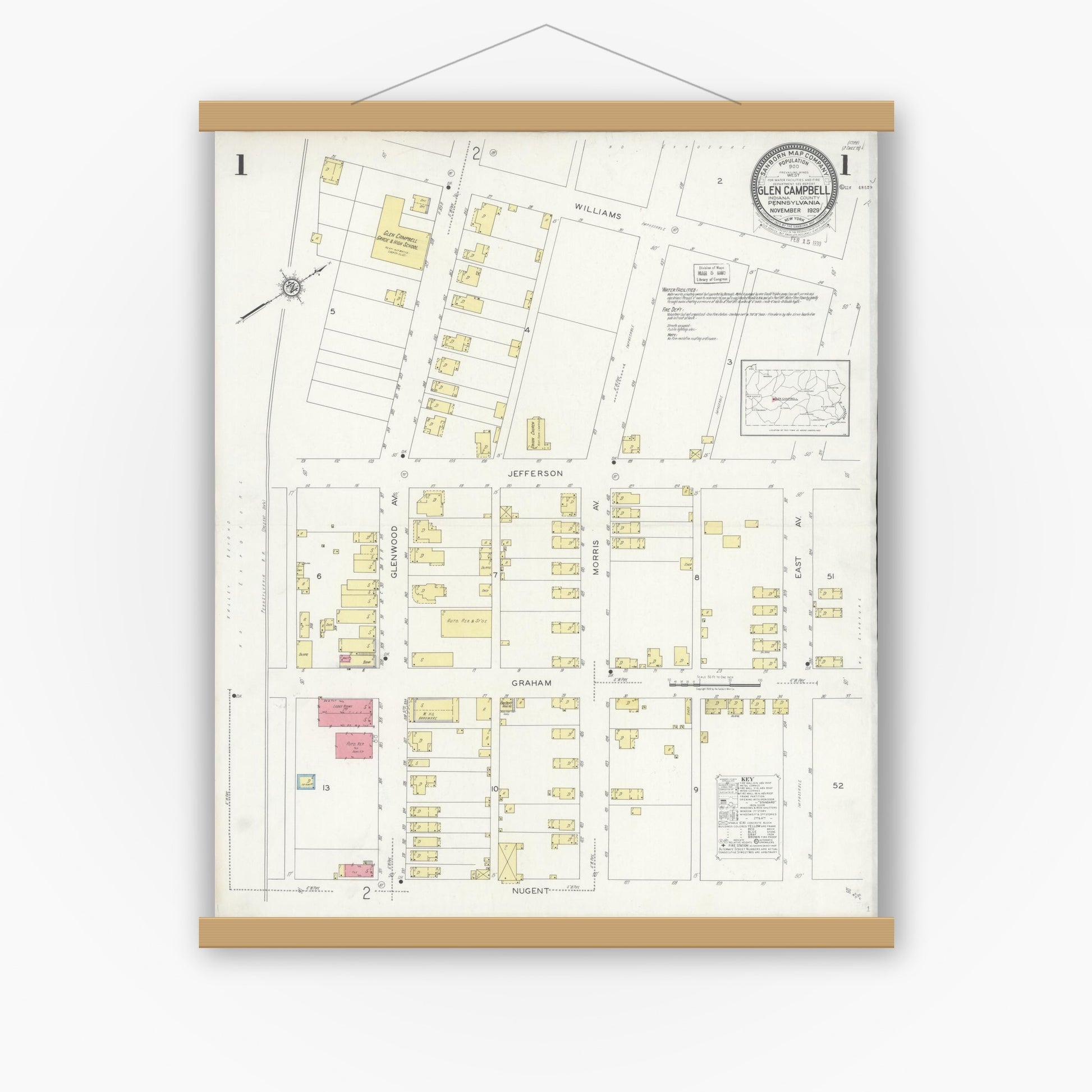 Old map wall art mockup — magnetic wood frame on white wall — Sanborn Fire Insurance Map from Glen Campbell, Indiana County, Pennsylvania (1929) - Complete Map Set