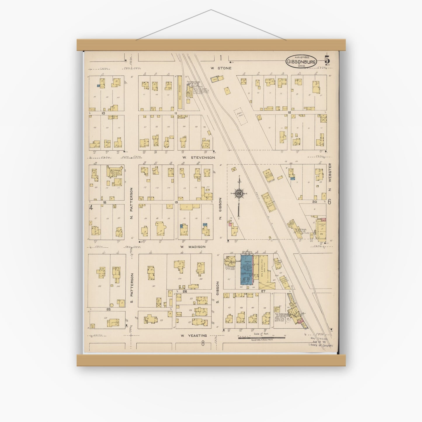 Old map wall art mockup — magnetic wood frame on white wall — Sanborn Fire Insurance Map from Gibsonburg, Sandusky County, Ohio (1922), Sheet #0005