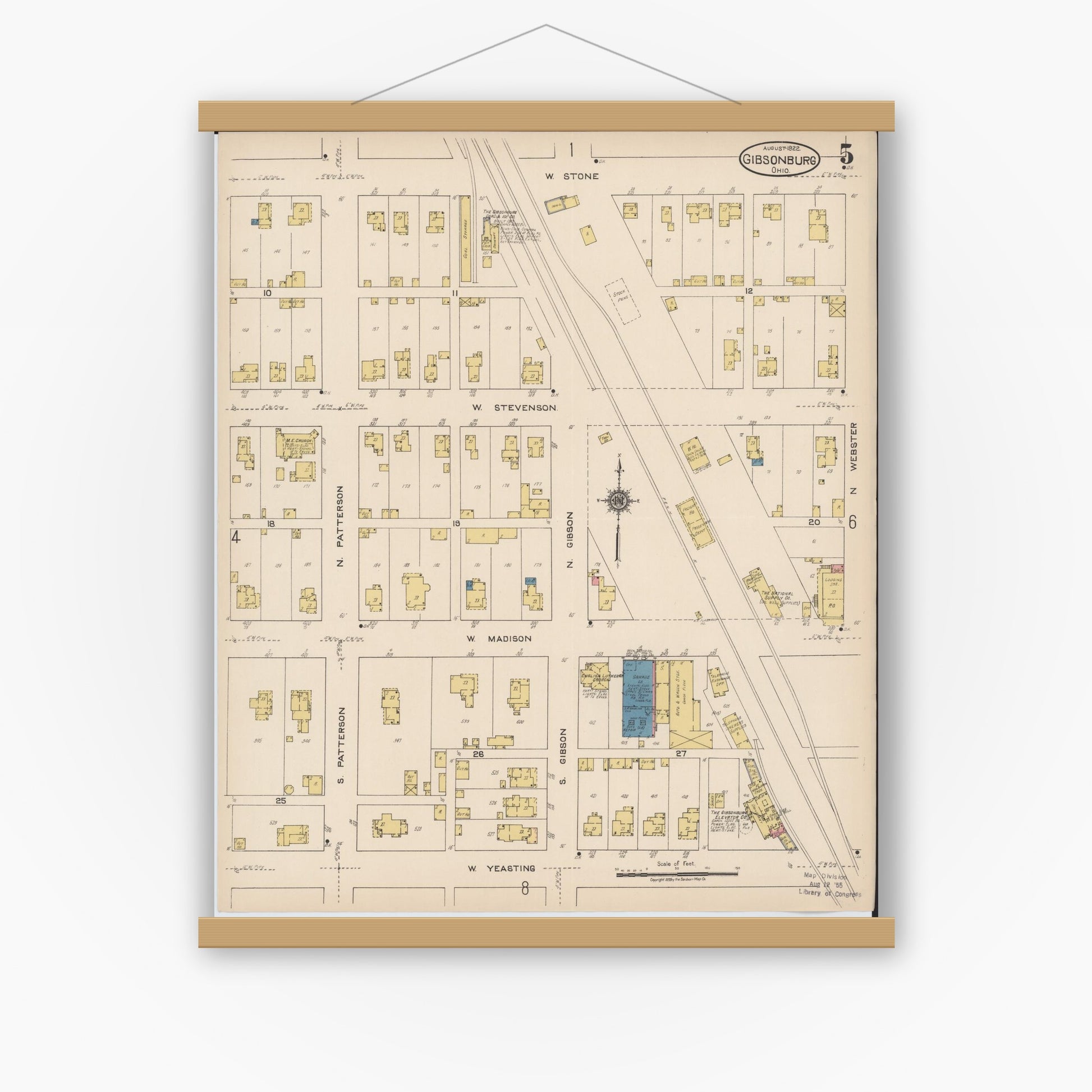 Old map wall art mockup — magnetic wood frame on white wall — Sanborn Fire Insurance Map from Gibsonburg, Sandusky County, Ohio (1922), Sheet #0005
