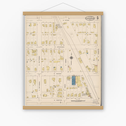 Old map wall art mockup — magnetic wood frame on white wall — Sanborn Fire Insurance Map from Gibsonburg, Sandusky County, Ohio (1922), Sheet #0005