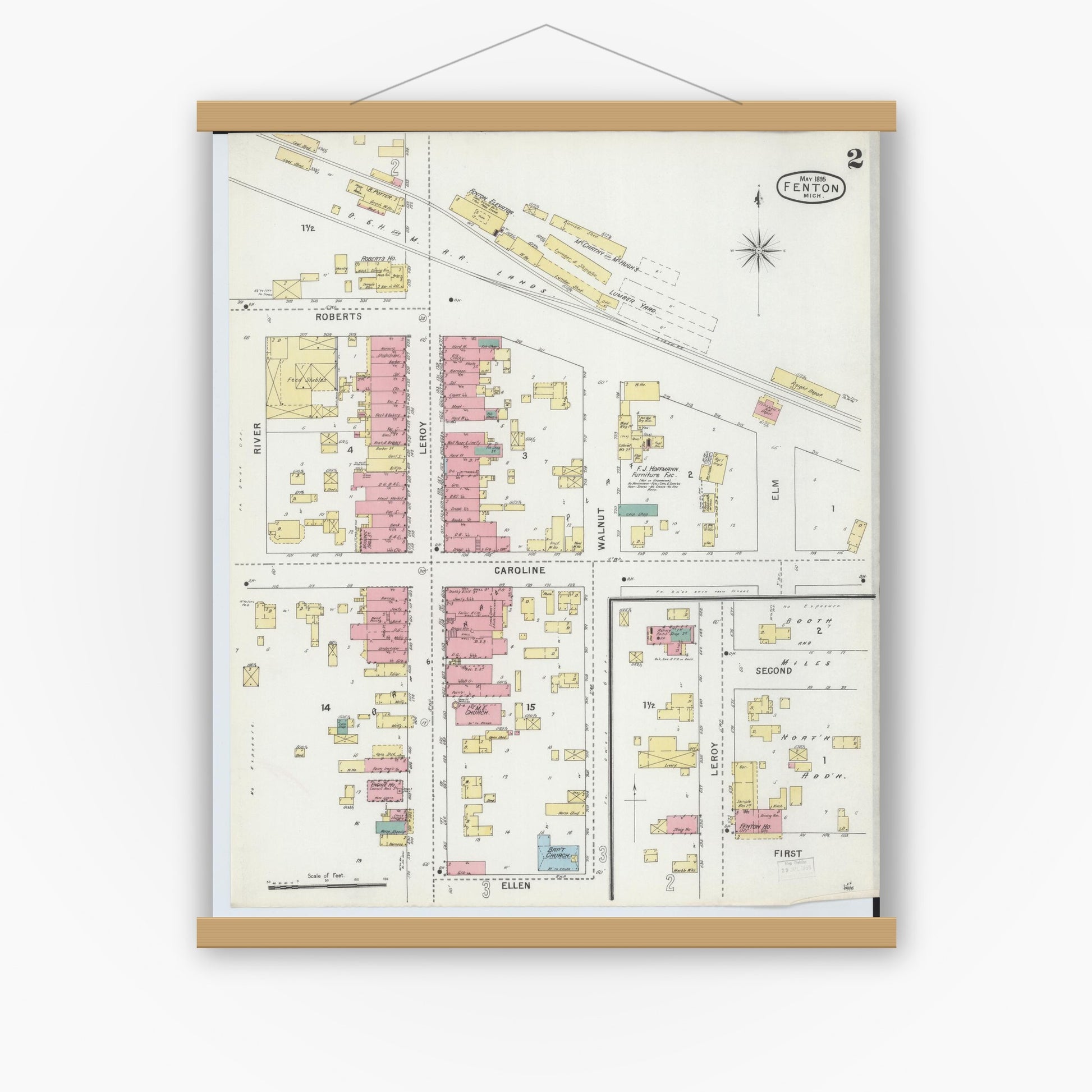 Old map wall art mockup — magnetic wood frame on white wall — Sanborn Fire Insurance Map from Fenton, Genesee County, Michigan (1895), Sheet #0002