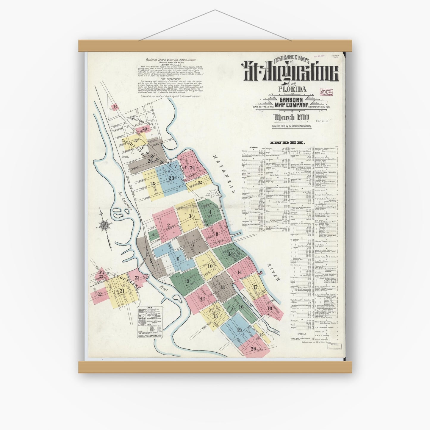 Old map wall art mockup — magnetic wood frame on white wall — Sanborn Fire Insurance Map from Saint Augustine, Saint John's County, Florida (1910) - Complete Map Set