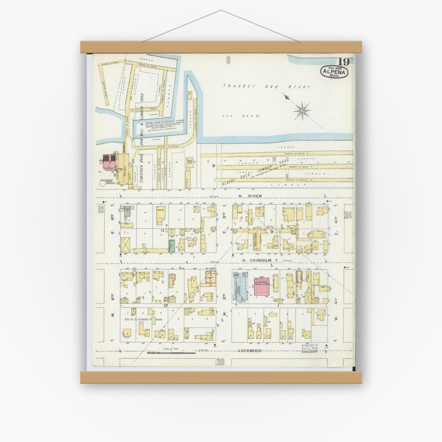 Old map wall art mockup — magnetic wood frame on white wall — Sanborn Fire Insurance Map from Alpena, Alpena County, Michigan (1895), Sheet #0019