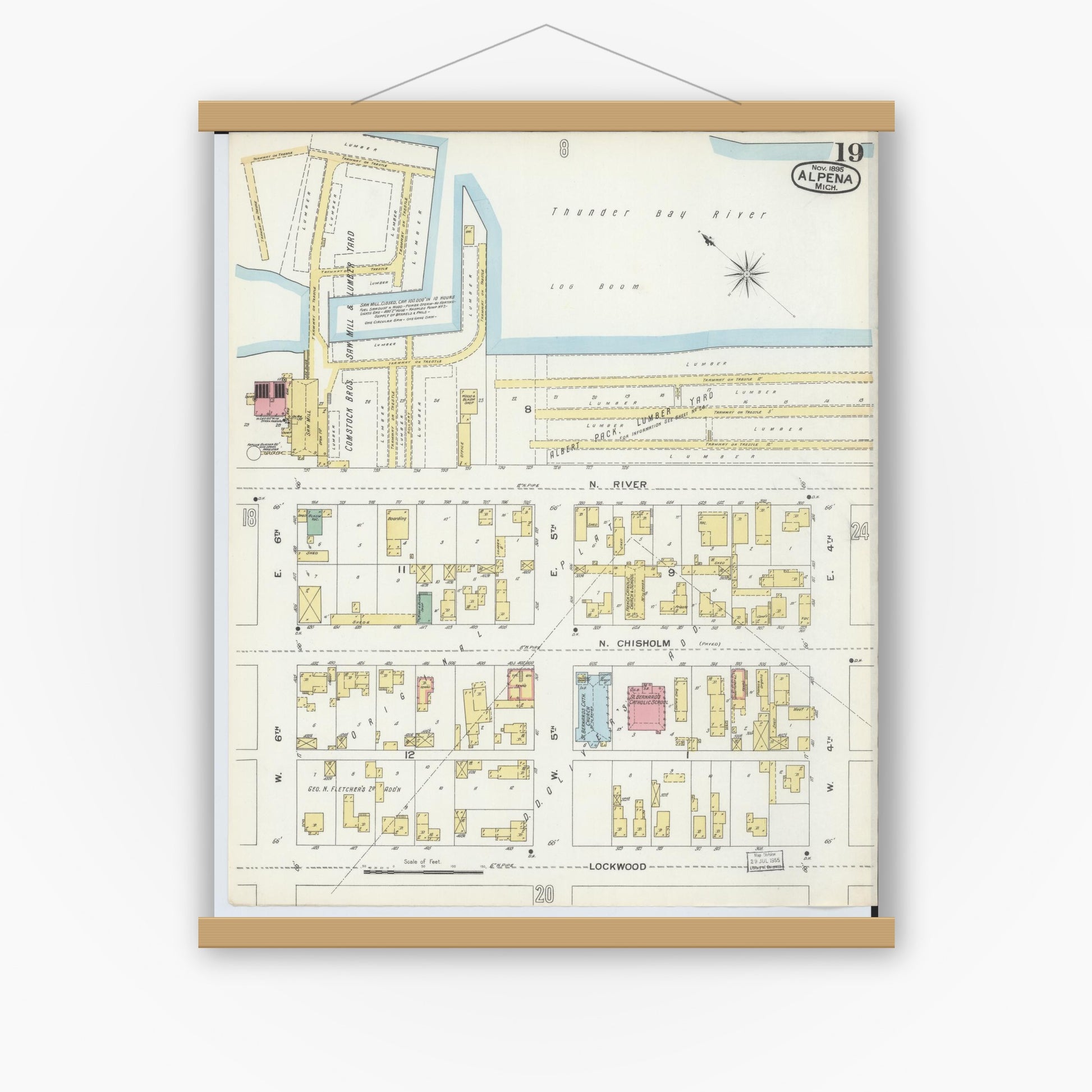 Old map wall art mockup — magnetic wood frame on white wall — Sanborn Fire Insurance Map from Alpena, Alpena County, Michigan (1895), Sheet #0019