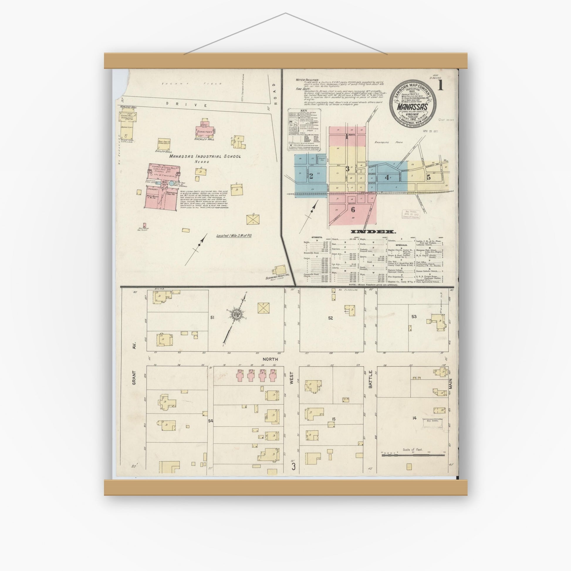 Old map wall art mockup — magnetic wood frame on white wall — Sanborn Fire Insurance Map from Manassas, Independent Cities, Virginia (1912) - Complete Map Set