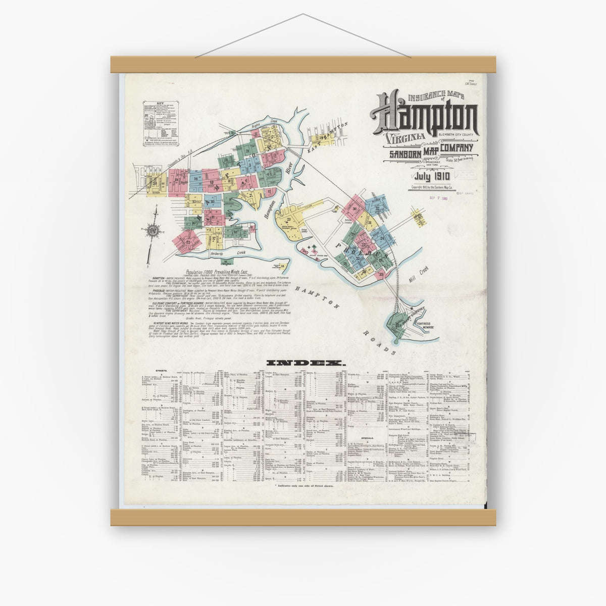Old map wall art mockup — magnetic wood frame on white wall — Sanborn Fire Insurance Map from Hampton, Independent Cities, Virginia (1910), Sheet #0001