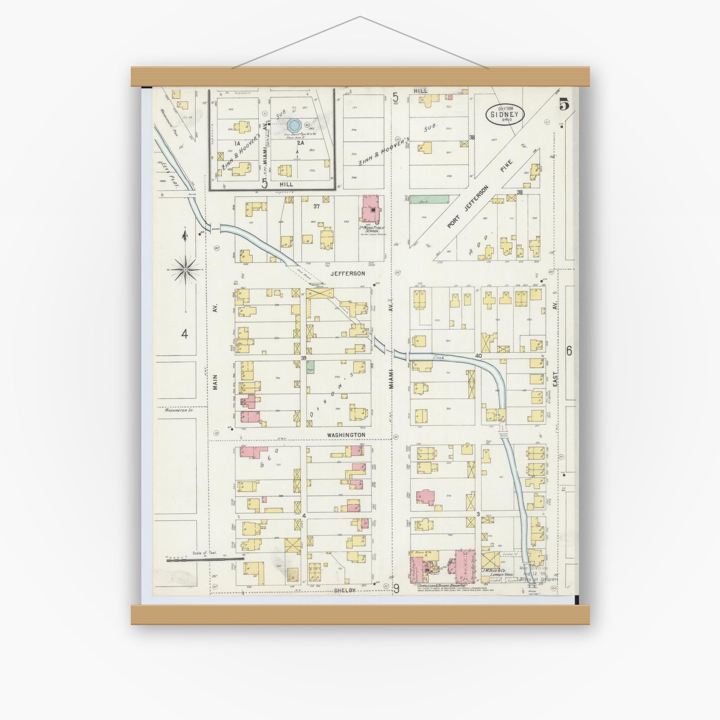 Old map wall art mockup — magnetic wood frame on white wall — Sanborn Fire Insurance Map from Sidney, Shelby County, Ohio (1898), Sheet #0005