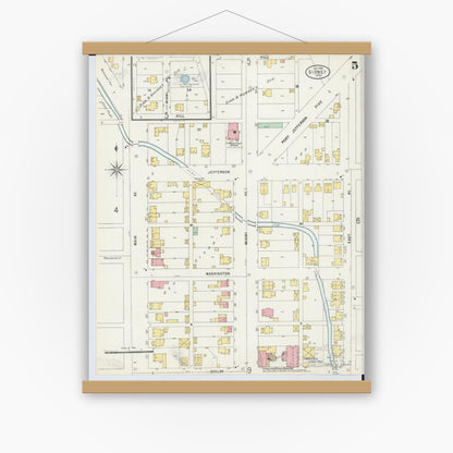 Old map wall art mockup — magnetic wood frame on white wall — Sanborn Fire Insurance Map from Sidney, Shelby County, Ohio (1898), Sheet #0005