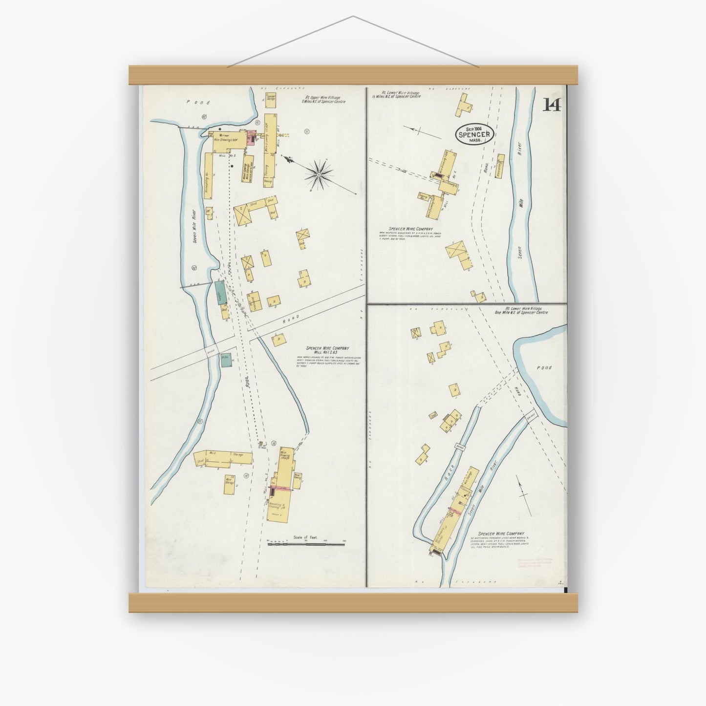 Old map wall art mockup — magnetic wood frame on white wall — Sanborn Fire Insurance Map from Spencer, Worcester County, Massachusetts (1906), Sheet #0014