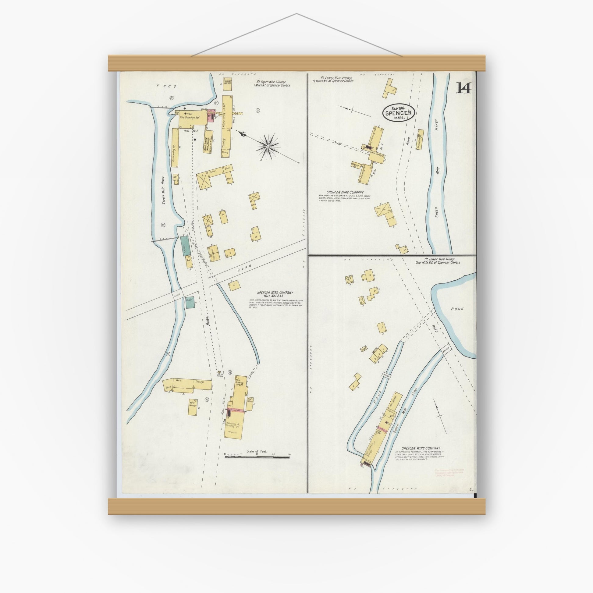 Old map wall art mockup — magnetic wood frame on white wall — Sanborn Fire Insurance Map from Spencer, Worcester County, Massachusetts (1906), Sheet #0014