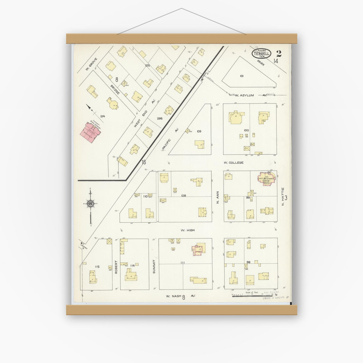Old map wall art mockup — magnetic wood frame on white wall — Sanborn Fire Insurance Map from Terrell, Kaufman County, Texas (1914), Sheet #0002