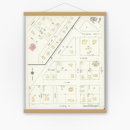Old map wall art mockup — magnetic wood frame on white wall — Sanborn Fire Insurance Map from Terrell, Kaufman County, Texas (1914), Sheet #0002
