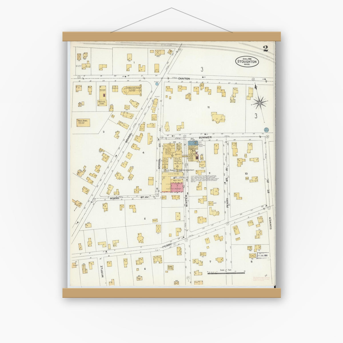 Old map wall art mockup — magnetic wood frame on white wall — Sanborn Fire Insurance Map from Stoughton, Norfolk County, Massachusetts (1906), Sheet #0002