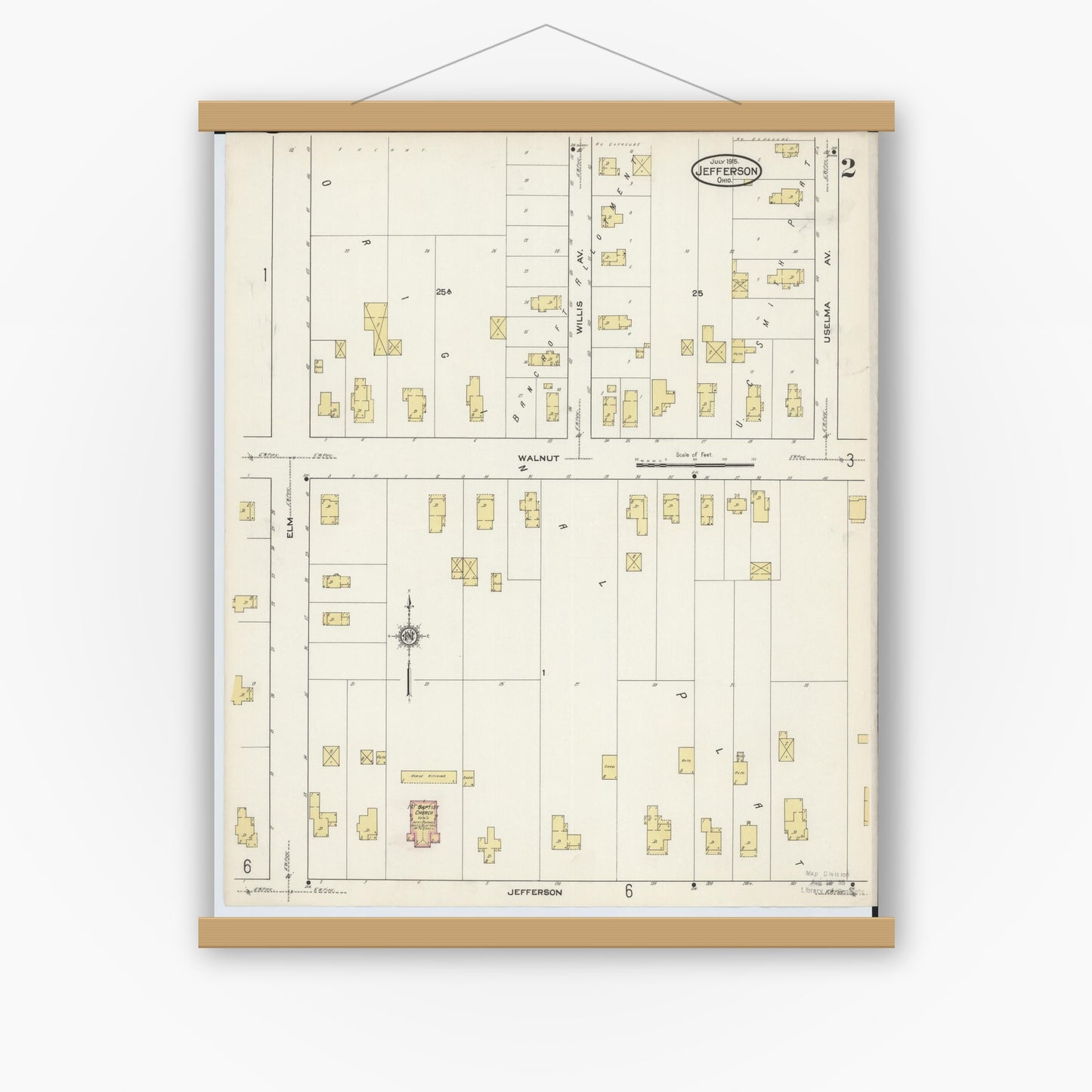 Old map wall art mockup — magnetic wood frame on white wall — Sanborn Fire Insurance Map from Jefferson, Ashtabula County, Ohio (1915), Sheet #0002