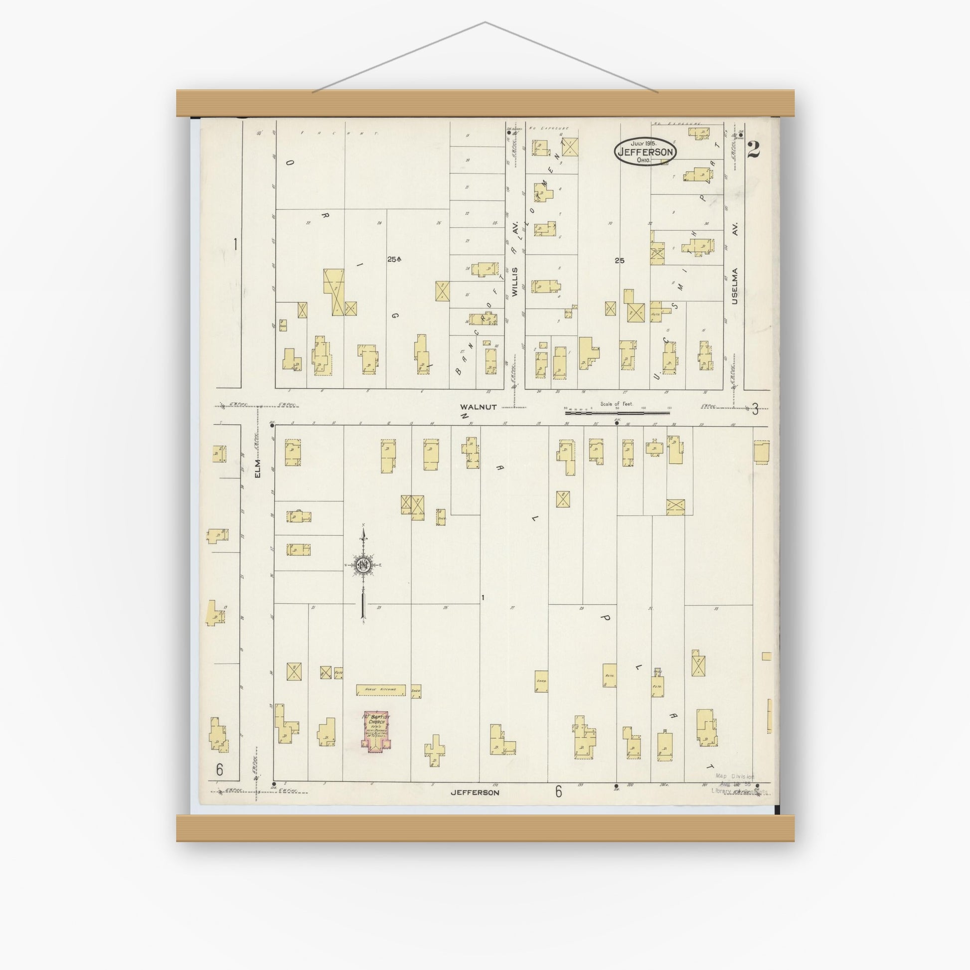 Old map wall art mockup — magnetic wood frame on white wall — Sanborn Fire Insurance Map from Jefferson, Ashtabula County, Ohio (1915), Sheet #0002
