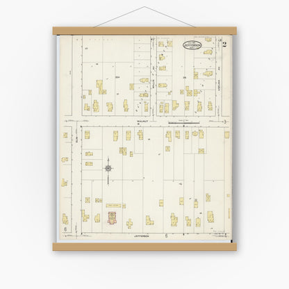 Old map wall art mockup — magnetic wood frame on white wall — Sanborn Fire Insurance Map from Jefferson, Ashtabula County, Ohio (1915), Sheet #0002