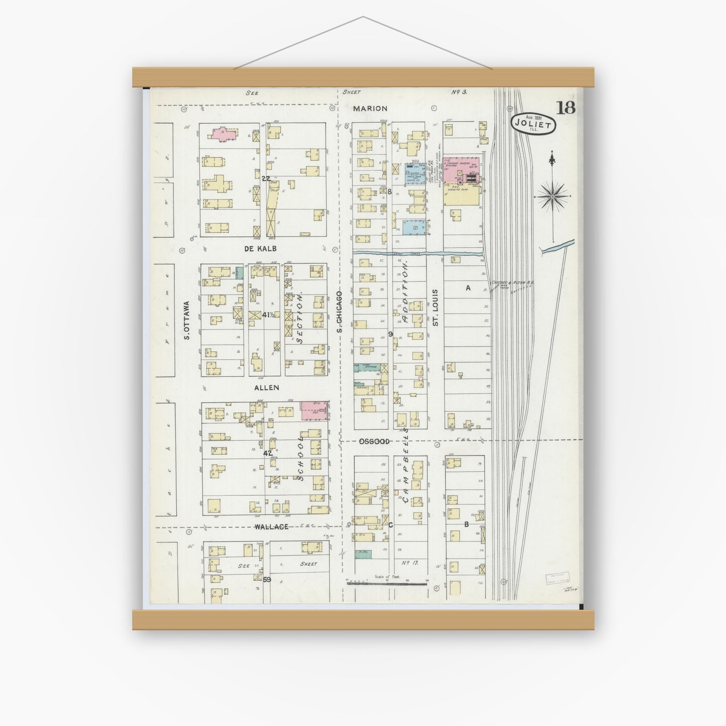 Old map wall art mockup — magnetic wood frame on white wall — Sanborn Fire Insurance Map from Joliet, Will County, Illinois (1891), Sheet #0018