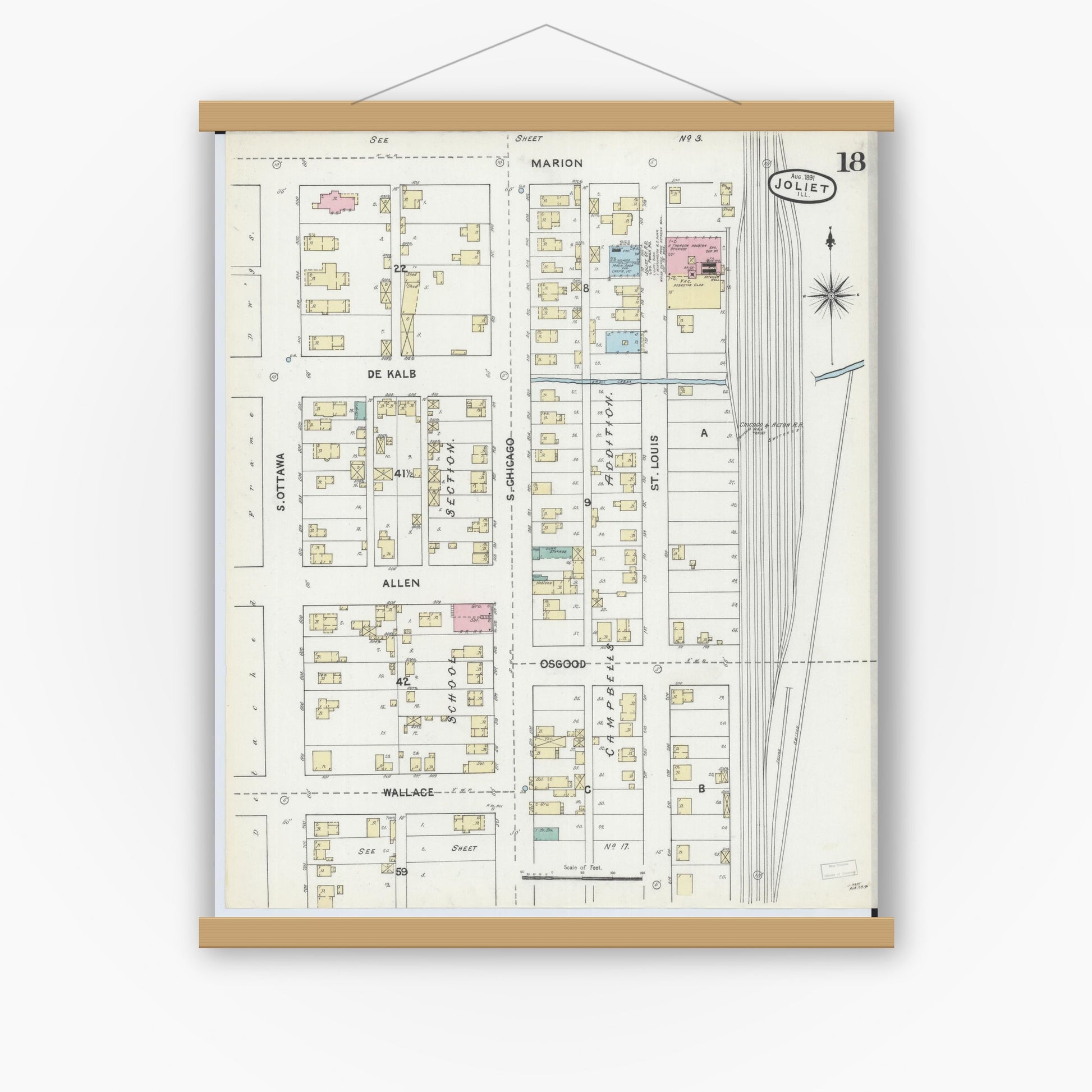 Old map wall art mockup — magnetic wood frame on white wall — Sanborn Fire Insurance Map from Joliet, Will County, Illinois (1891), Sheet #0018
