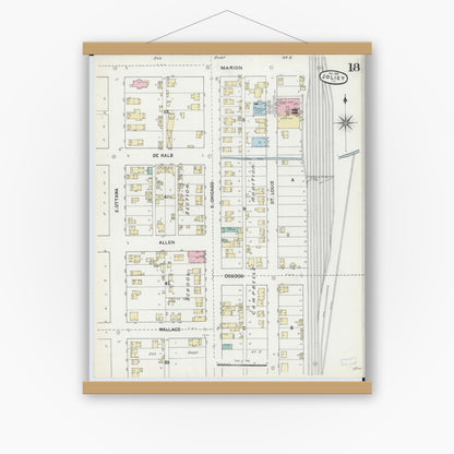 Old map wall art mockup — magnetic wood frame on white wall — Sanborn Fire Insurance Map from Joliet, Will County, Illinois (1891), Sheet #0018