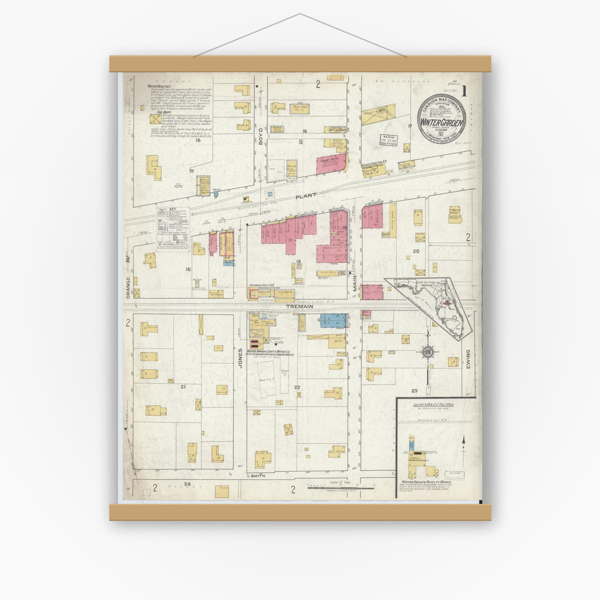 Old map wall art mockup — magnetic wood frame on white wall — Sanborn Fire Insurance Map from Winter Garden, Orange County, Florida (1917), Sheet #0001