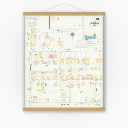 Old map wall art mockup — magnetic wood frame on white wall — Sanborn Fire Insurance Map from Bloomington, Monroe County, Indiana (1907), Sheet #0018