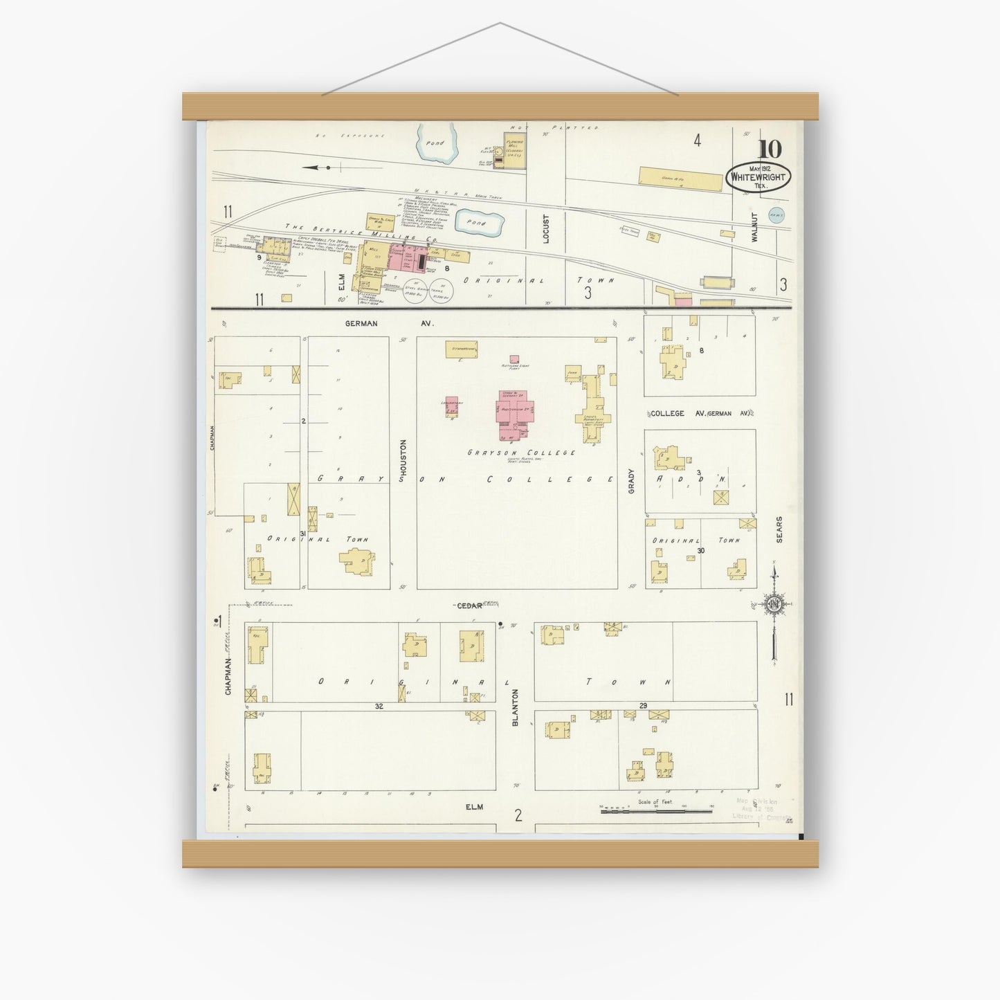Old map wall art mockup — magnetic wood frame on white wall — Sanborn Fire Insurance Map from Whitewright, Grayson County, Texas (1912), Sheet #0010