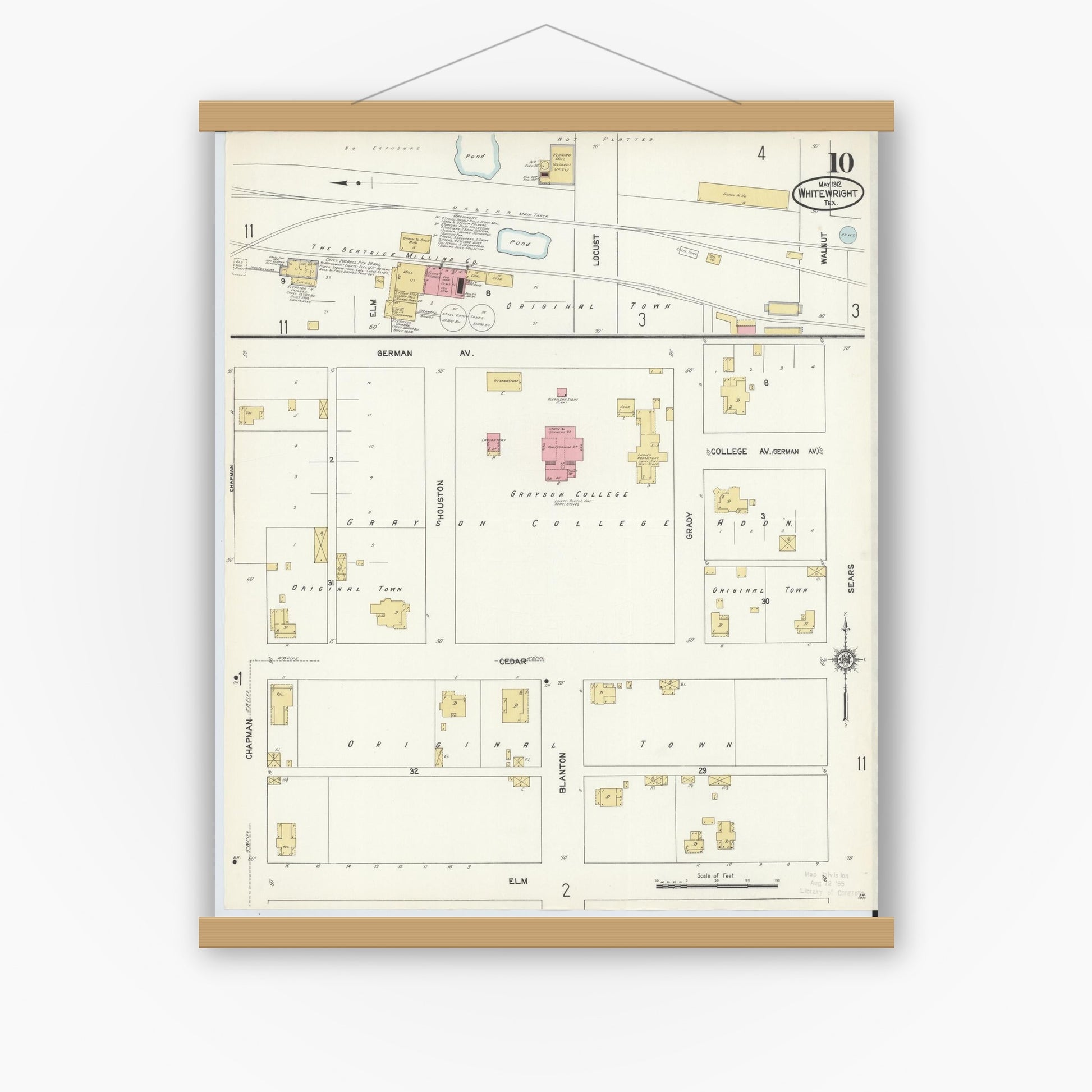 Old map wall art mockup — magnetic wood frame on white wall — Sanborn Fire Insurance Map from Whitewright, Grayson County, Texas (1912), Sheet #0010