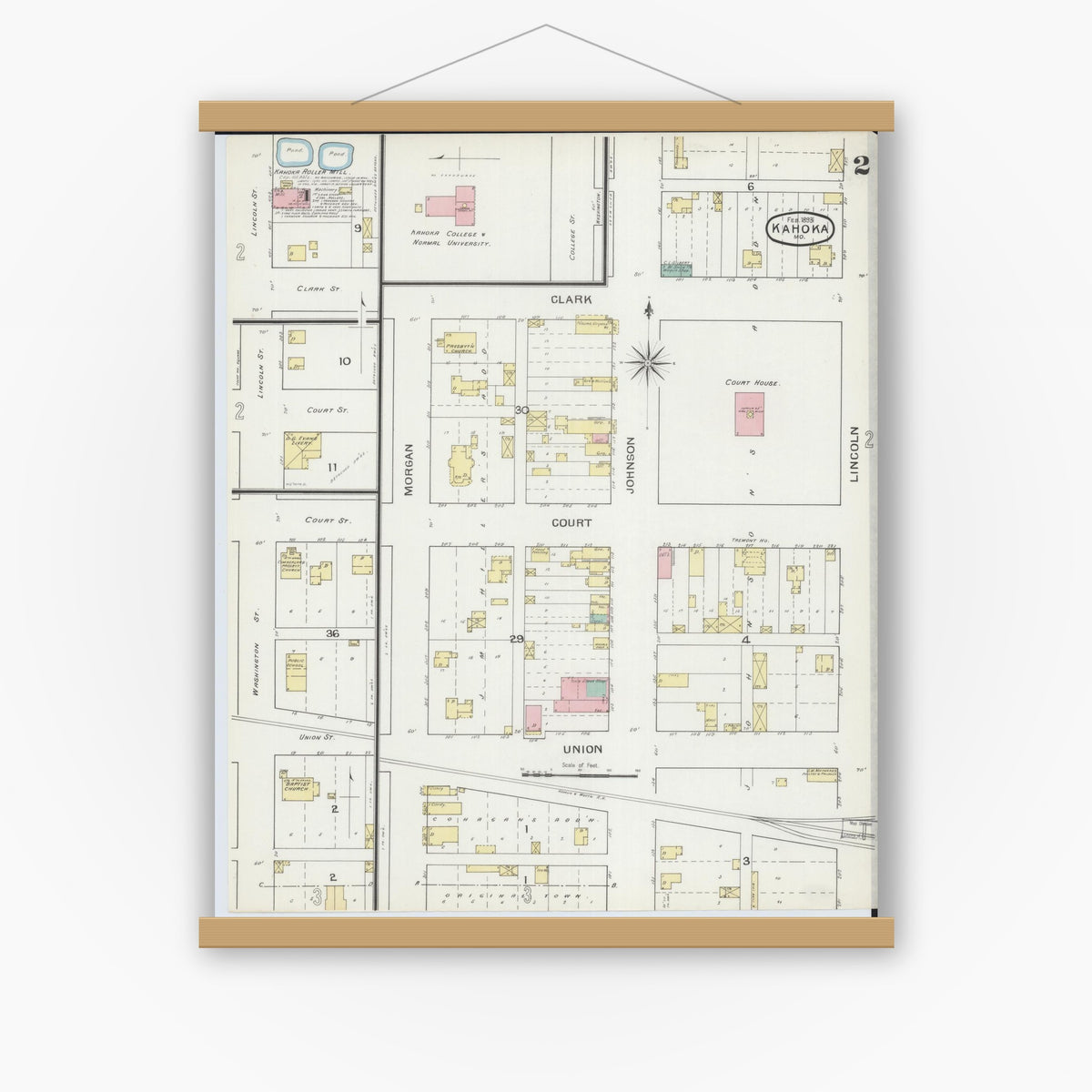 Old map wall art mockup — magnetic wood frame on white wall — Sanborn Fire Insurance Map from Kahoka, Clark County, Missouri (1893), Sheet #0002