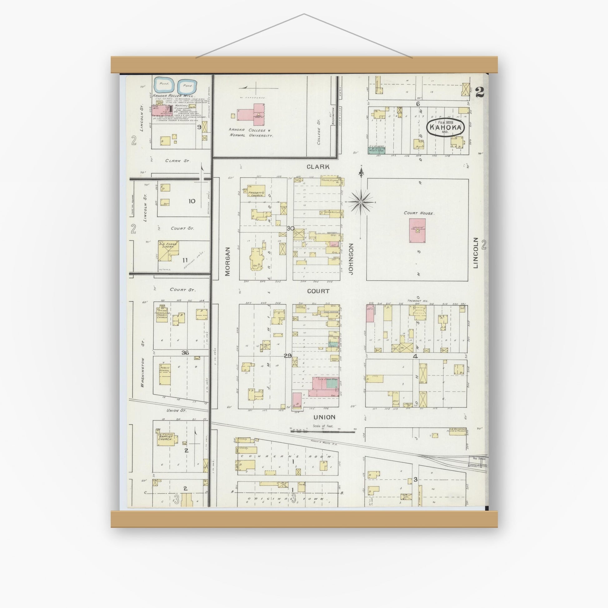 Old map wall art mockup — magnetic wood frame on white wall — Sanborn Fire Insurance Map from Kahoka, Clark County, Missouri (1893), Sheet #0002