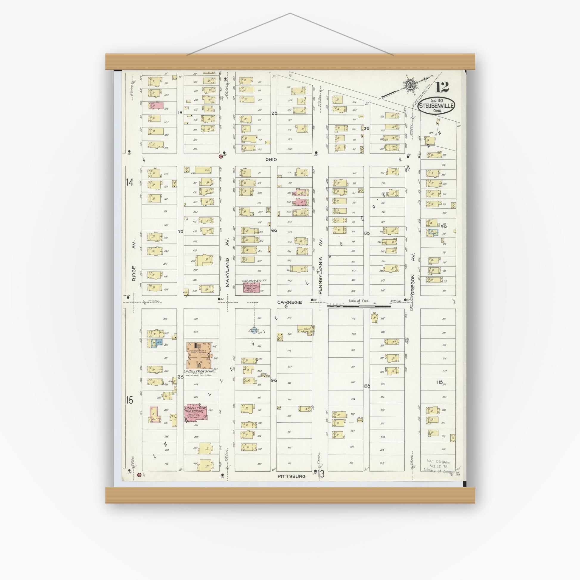Old map wall art mockup — magnetic wood frame on white wall — Sanborn Fire Insurance Map from Steubenville, Jefferson County, Ohio (1913), Sheet #0012