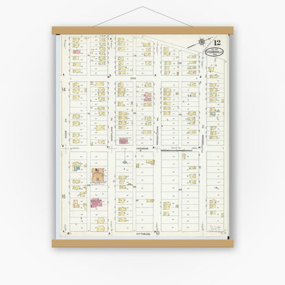 Old map wall art mockup — magnetic wood frame on white wall — Sanborn Fire Insurance Map from Steubenville, Jefferson County, Ohio (1913), Sheet #0012