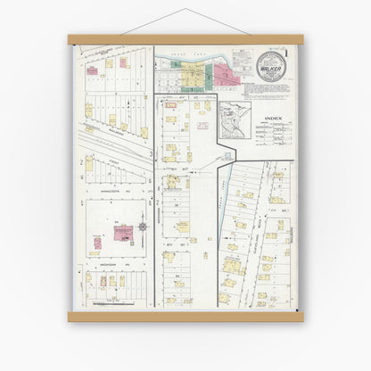 Old map wall art mockup — magnetic wood frame on white wall — Sanborn Fire Insurance Map from Walker, Cass County, Minnesota (1914), Sheet #0001