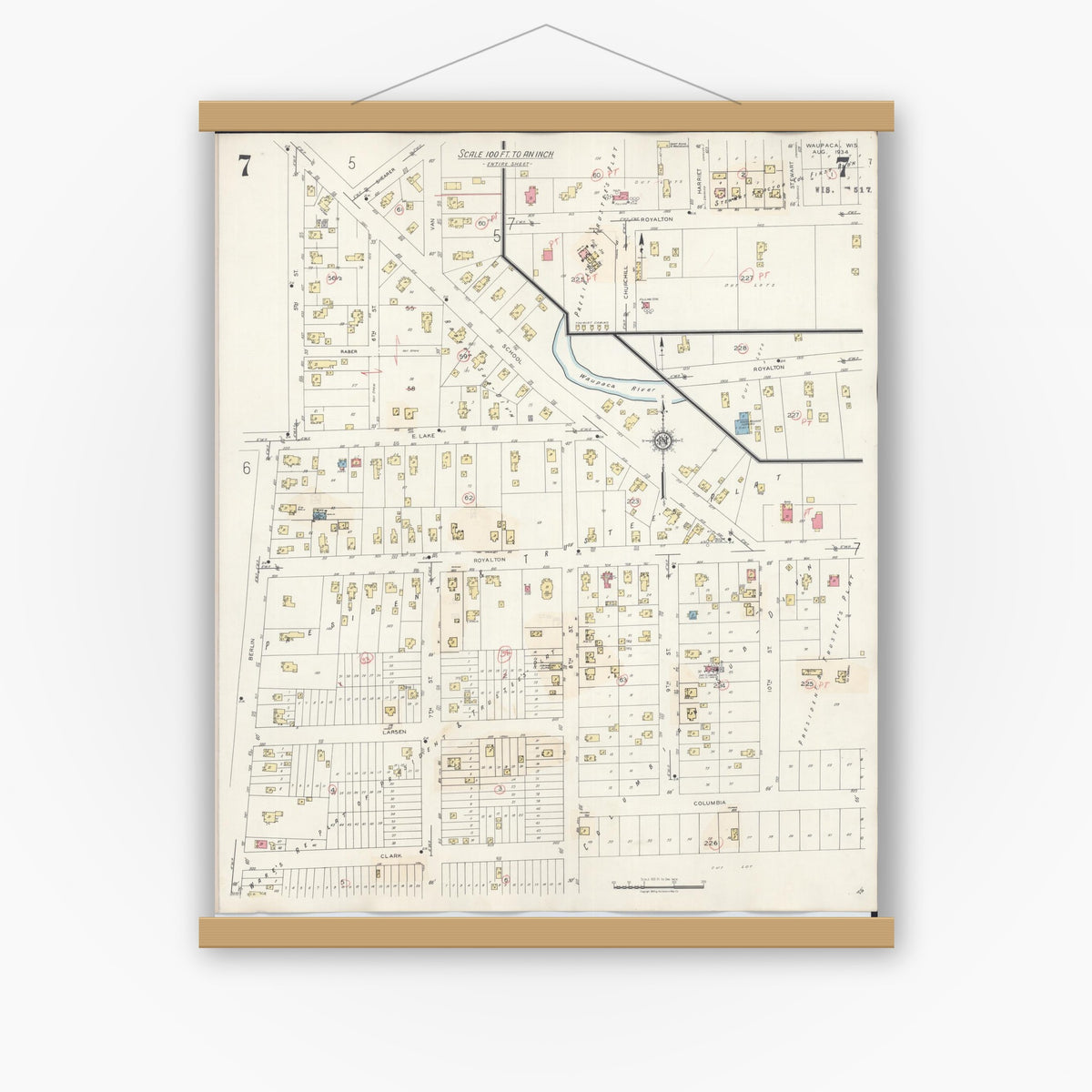 Old map wall art mockup — magnetic wood frame on white wall — Sanborn Fire Insurance Map from Waupaca, Waupaca County, Wisconsin (1941), Sheet #0007