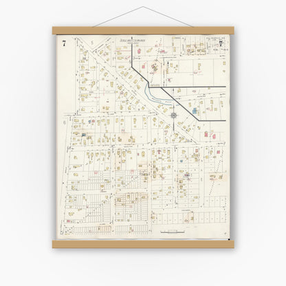 Old map wall art mockup — magnetic wood frame on white wall — Sanborn Fire Insurance Map from Waupaca, Waupaca County, Wisconsin (1941), Sheet #0007