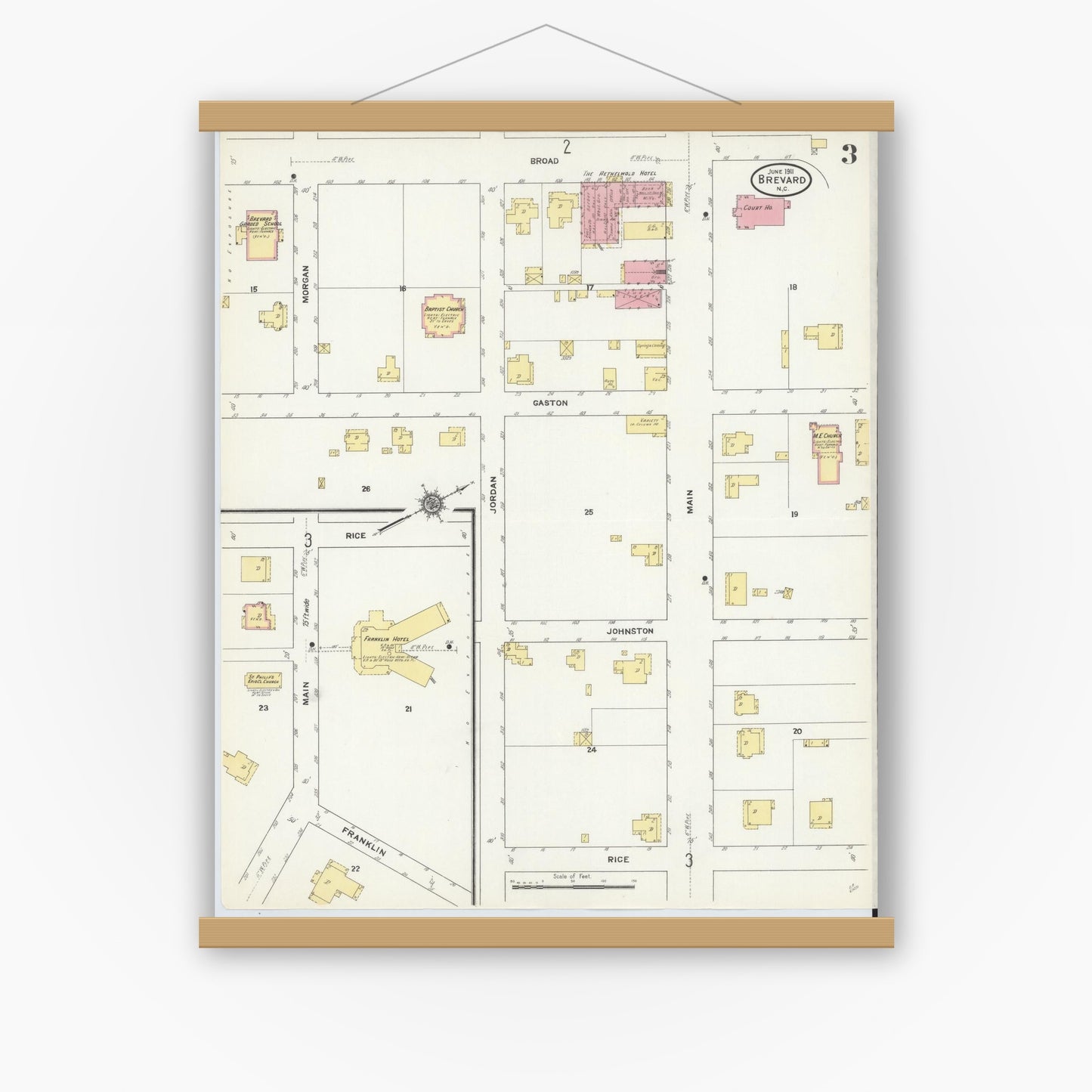 Old map wall art mockup — magnetic wood frame on white wall — Sanborn Fire Insurance Map from Brevard, Transylvania County, North Carolina (1911), Sheet #0003