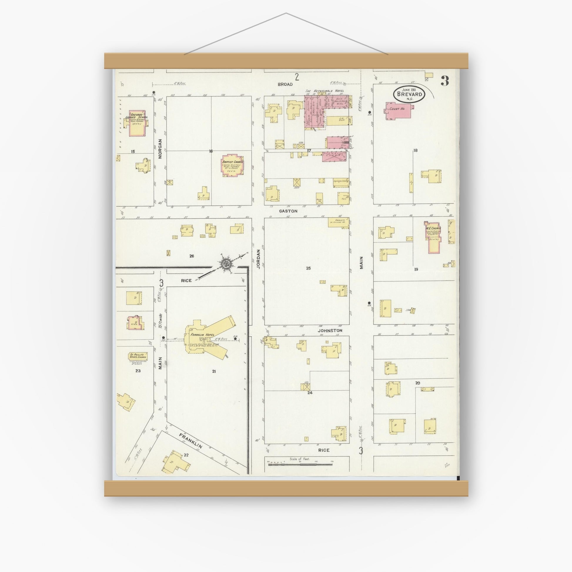 Old map wall art mockup — magnetic wood frame on white wall — Sanborn Fire Insurance Map from Brevard, Transylvania County, North Carolina (1911), Sheet #0003