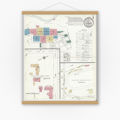 Old map wall art mockup — magnetic wood frame on white wall — Sanborn Fire Insurance Map from Clarion, Clarion County, Pennsylvania (1912) - Complete Map Set