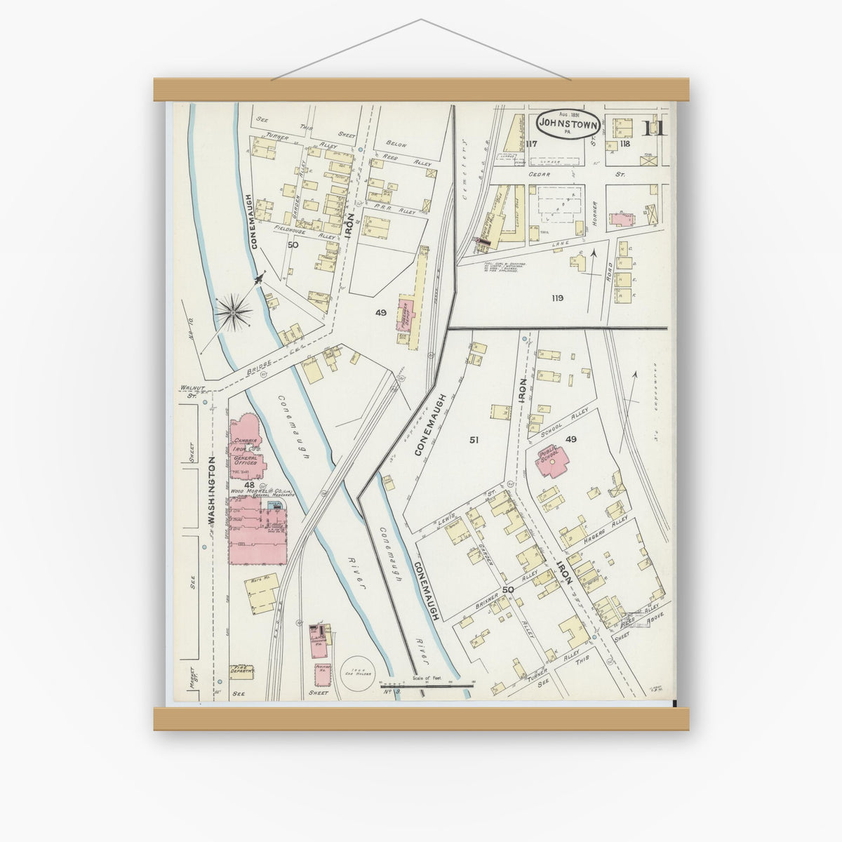 Old map wall art mockup — magnetic wood frame on white wall — Sanborn Fire Insurance Map from Johnstown, Cambria County, Pennsylvania (1891), Sheet #0011