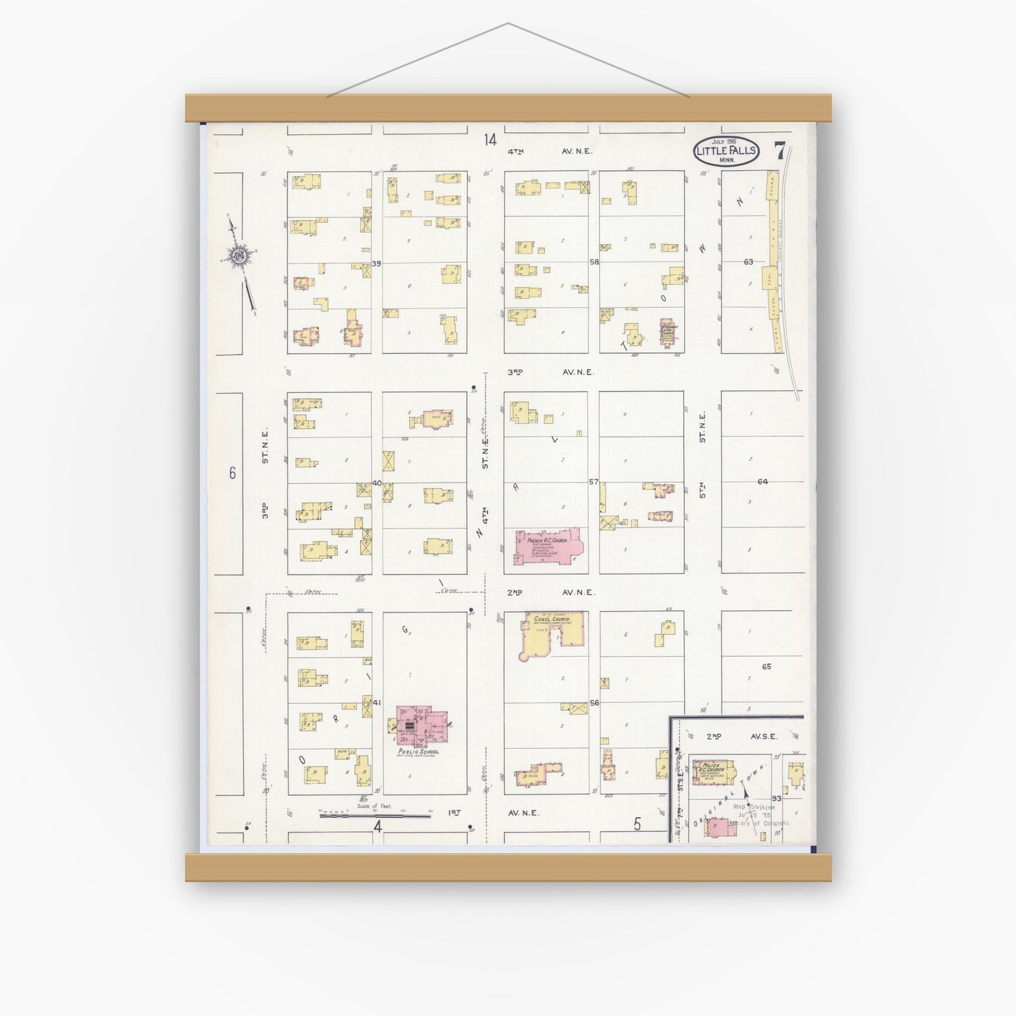 Old map wall art mockup — magnetic wood frame on white wall — Sanborn Fire Insurance Map from Little Falls, Morrison County, Minnesota (1915), Sheet #0007