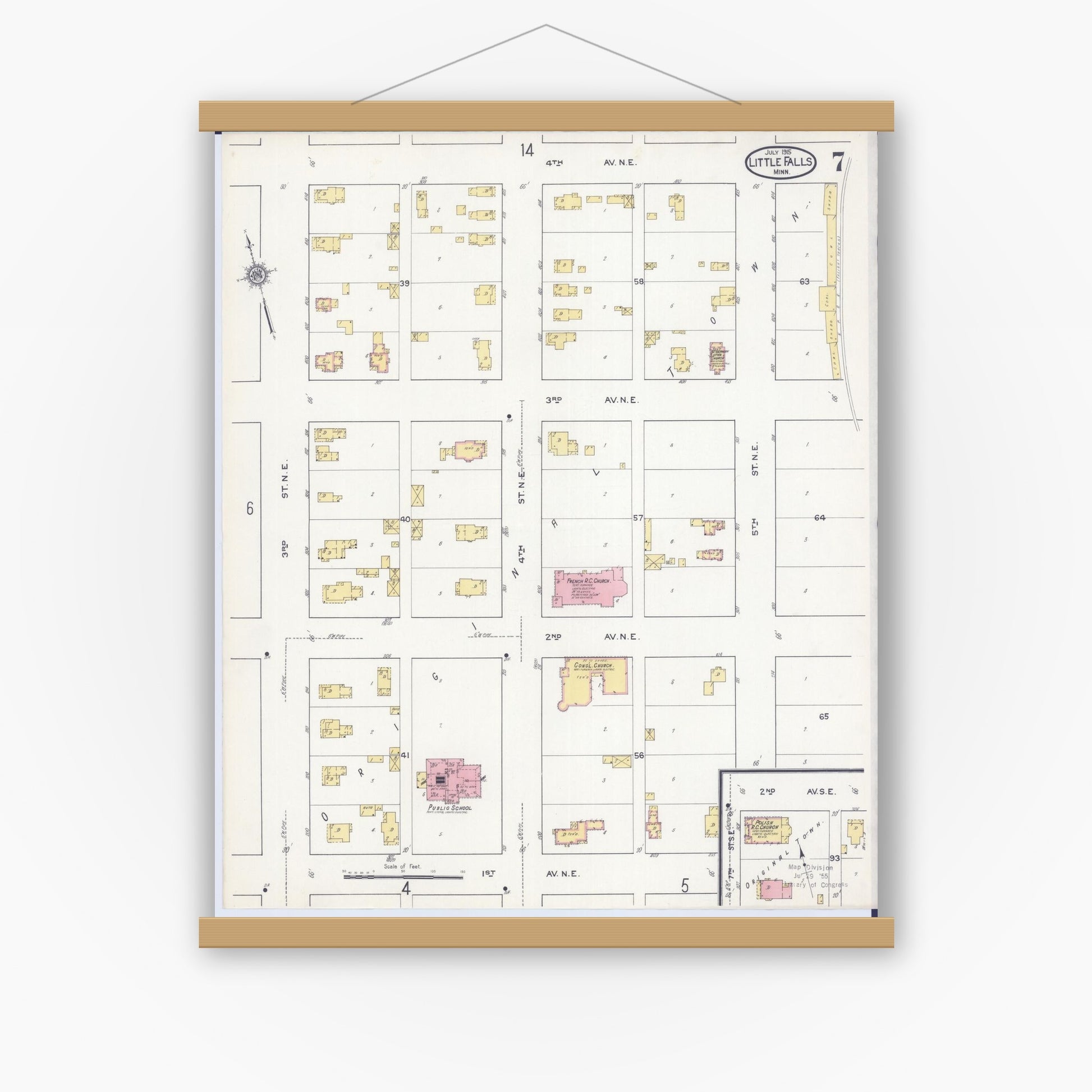 Old map wall art mockup — magnetic wood frame on white wall — Sanborn Fire Insurance Map from Little Falls, Morrison County, Minnesota (1915), Sheet #0007