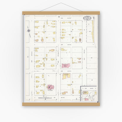 Old map wall art mockup — magnetic wood frame on white wall — Sanborn Fire Insurance Map from Little Falls, Morrison County, Minnesota (1915), Sheet #0007