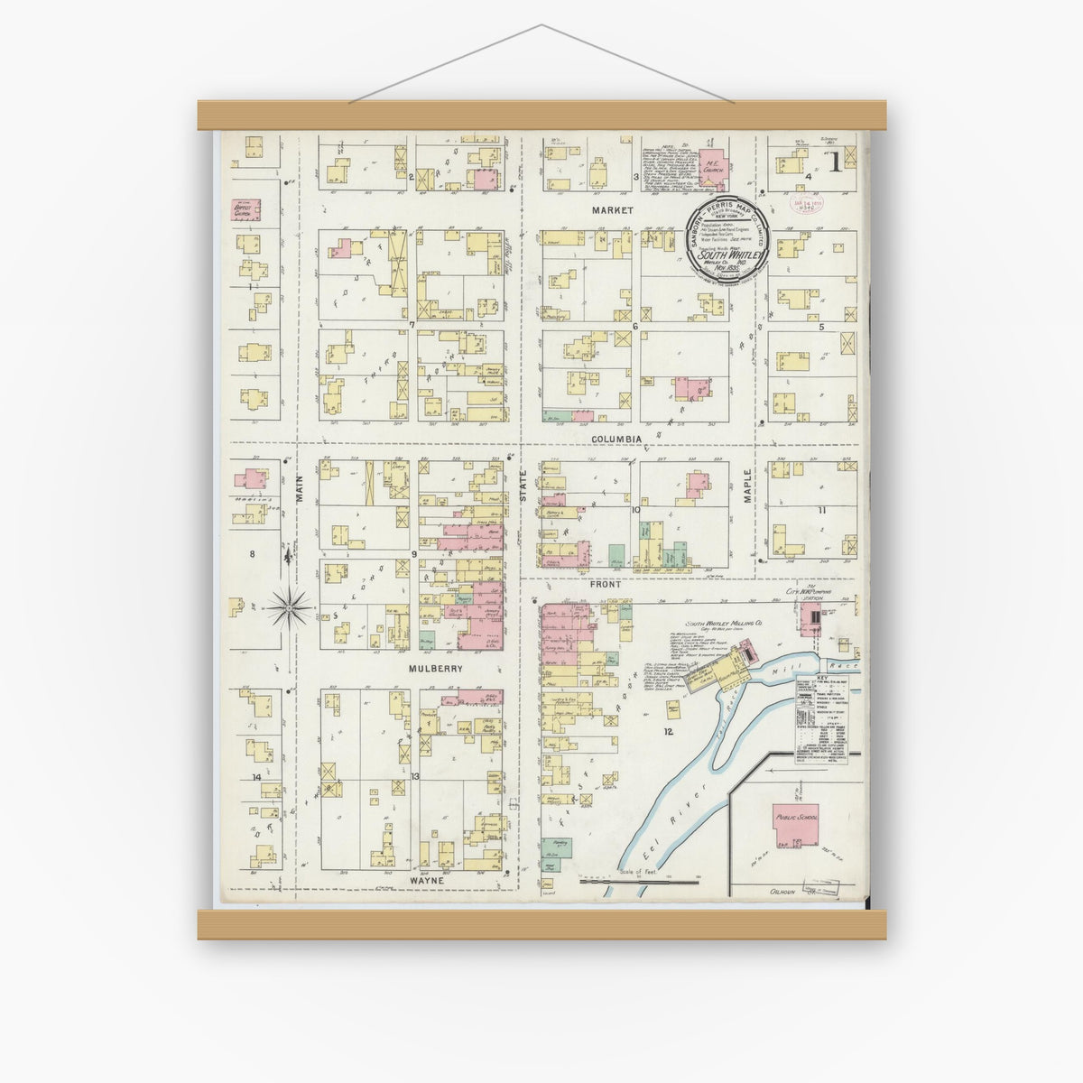 Old map wall art mockup — magnetic wood frame on white wall — Sanborn Fire Insurance Map from South Whitley, Whitley County, Indiana (1895), Sheet #0001