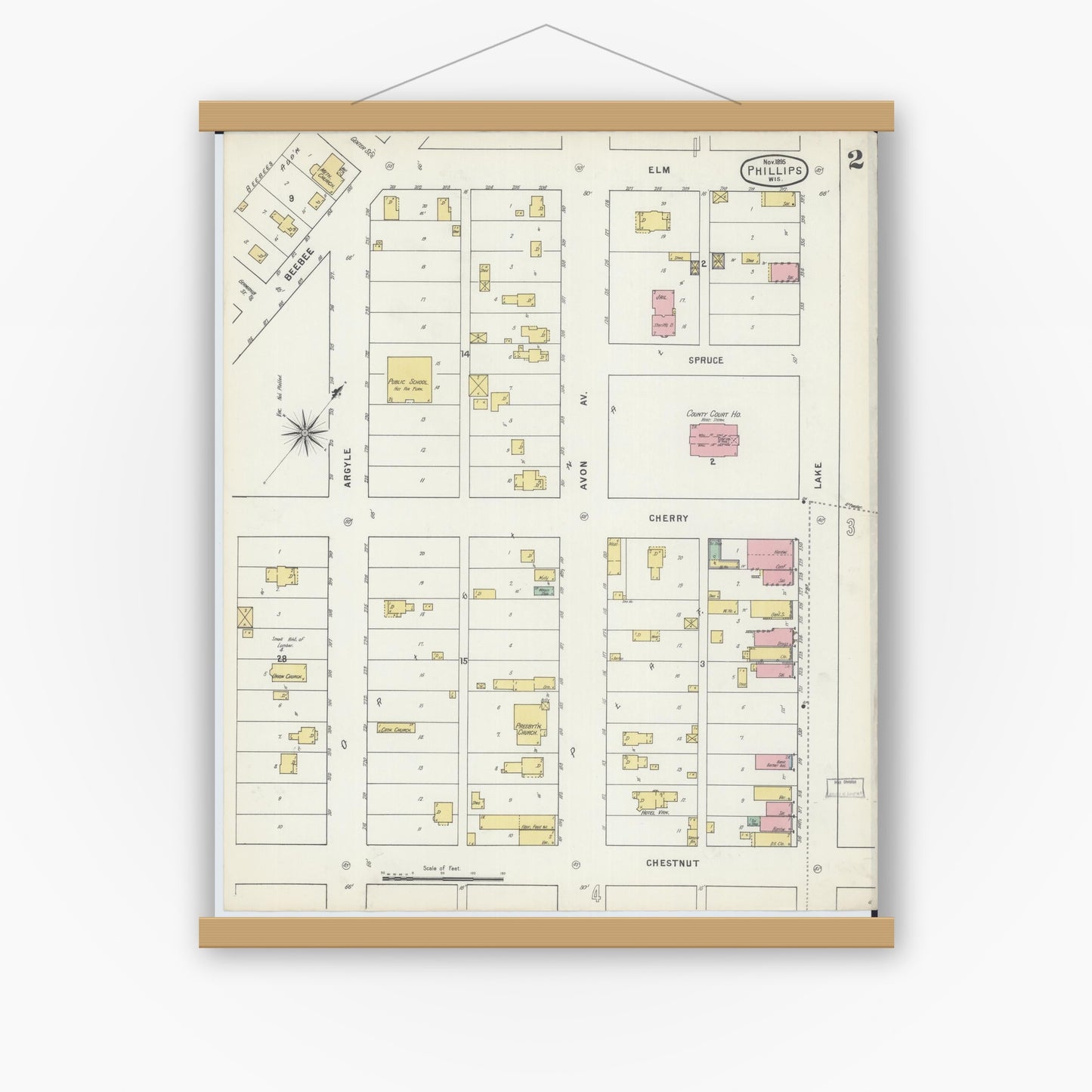 Old map wall art mockup — magnetic wood frame on white wall — Sanborn Fire Insurance Map from Phillips, Price County, Wisconsin (1895), Sheet #0002